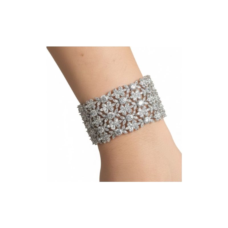 Pulseira tipo Cuff com Zircónia e Design floral Prata 925