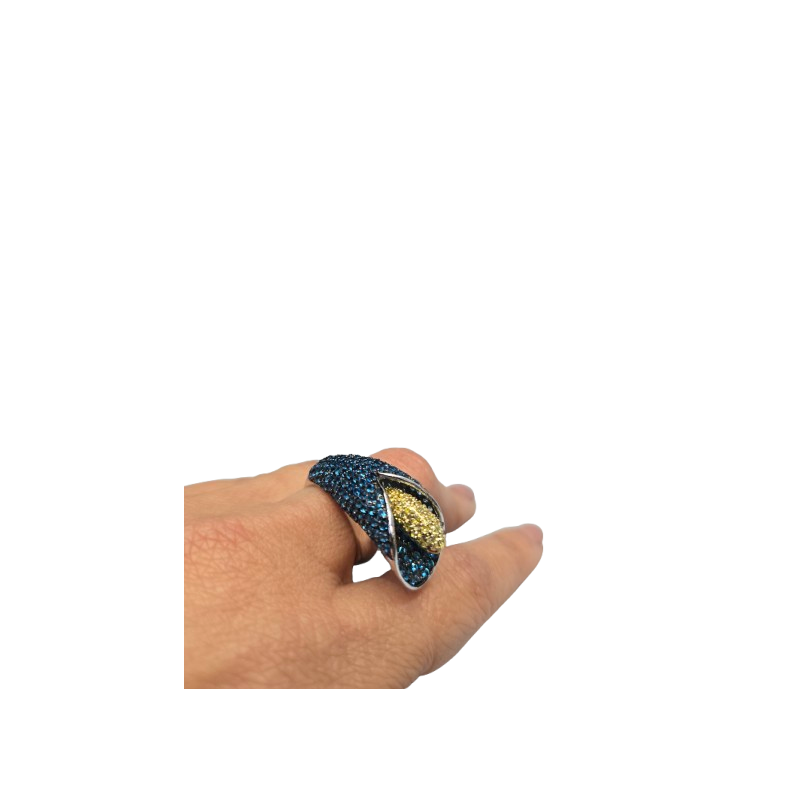 Anel curvo em prata 925 bicolor azul e amarelo 