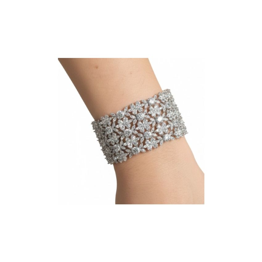 Pulseira tipo Cuff com Zircónia e Design floral Prata 925